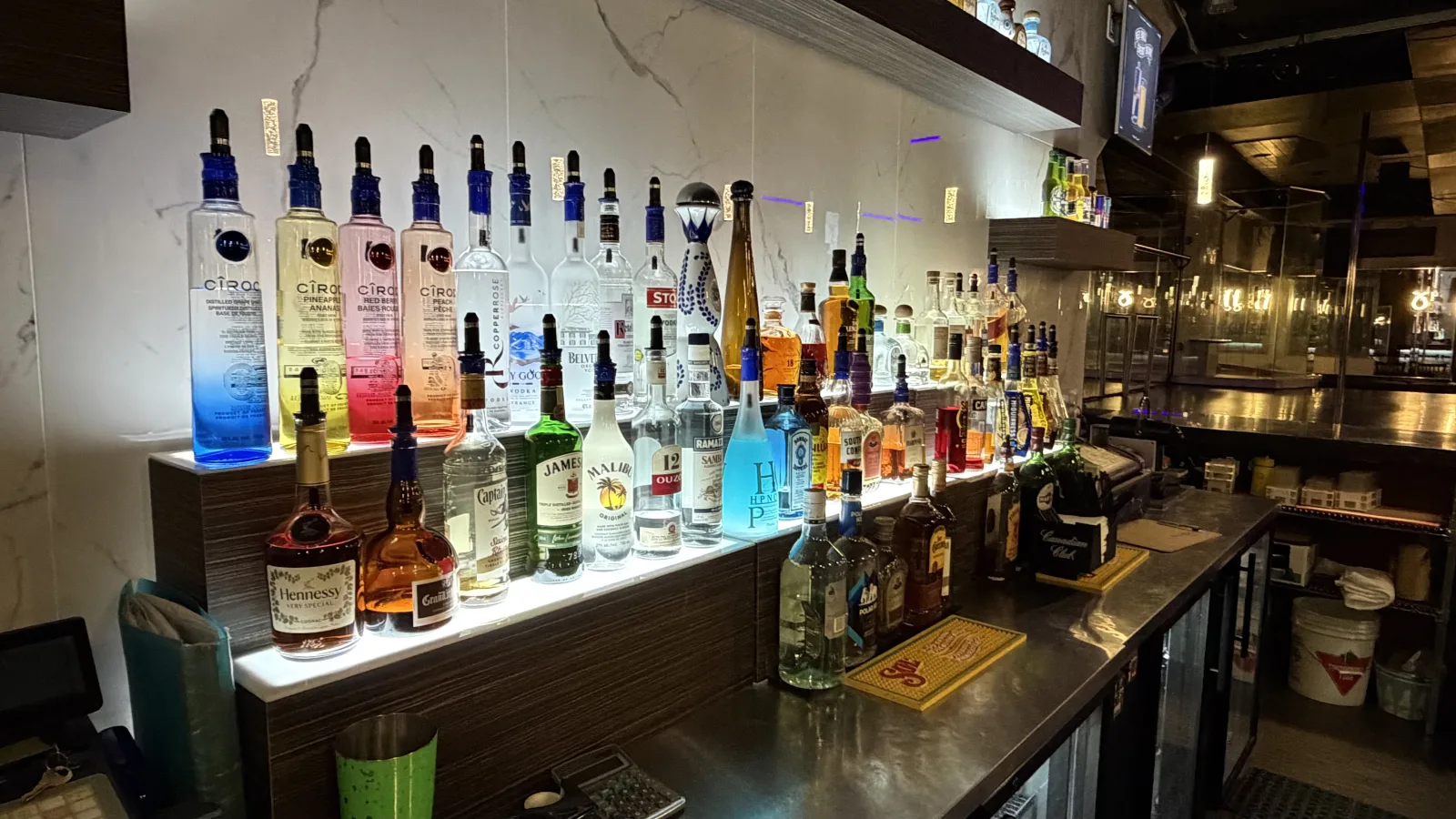 Bottle display behind the bar at Cheetah's of Windsor